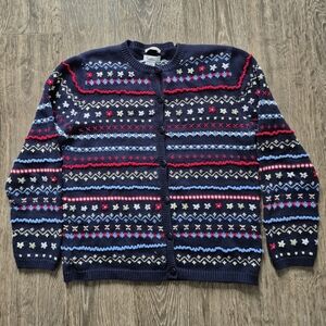 Northern Reflections Navy Blue Red White Cotton Knit Cardigan Embriodery Medium